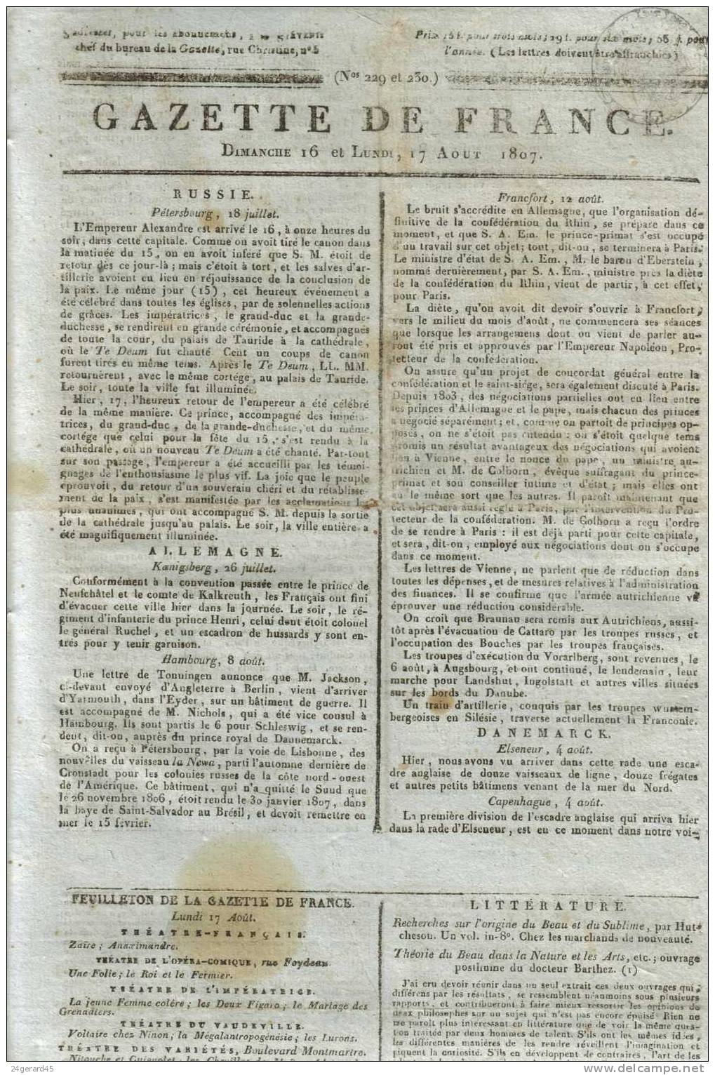 JOURNAL QUOTIDIEN "GAZETTE DE FRANCE" N°229 Et 230 DU 16 Et 17/08/1807 - 1er Quotidien De France L´ancêtre Du J.O - 1800 - 1849