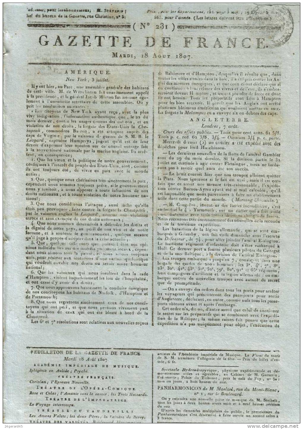 JOURNAL QUOTIDIEN "GAZETTE DE FRANCE" N°231 DU 18/08/1807 - 1er Quotidien De France L´ancêtre Du J.O - 1800 - 1849