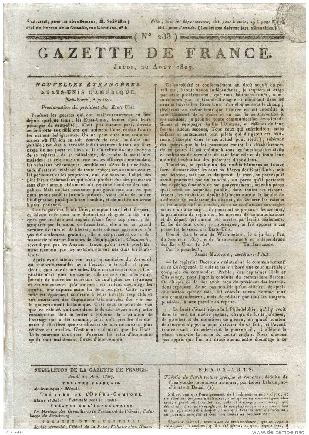 JOURNAL QUOTIDIEN "GAZETTE DE FRANCE" N°233 DU 20/08/1807 - 1er Quotidien De France L´ancêtre Du J.O - 1800 - 1849