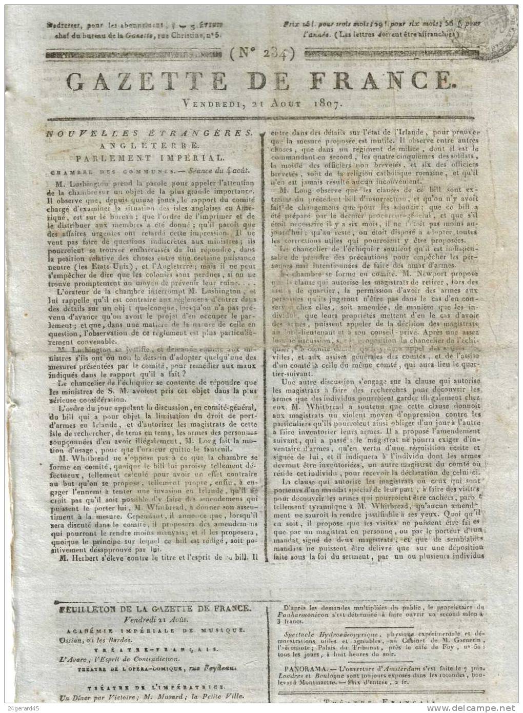 JOURNAL QUOTIDIEN "GAZETTE DE FRANCE" N°234 DU 21/08/1807 - 1er Quotidien De France L´ancêtre Du J.O - 1800 - 1849