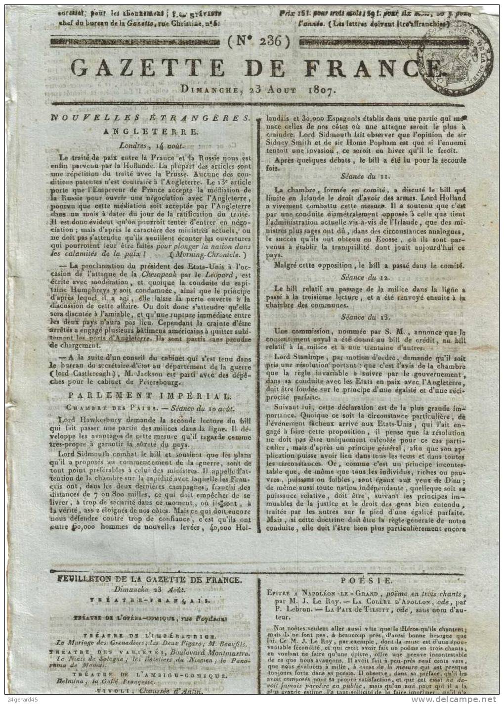 JOURNAL QUOTIDIEN "GAZETTE DE FRANCE" N°236 DU 23/08/1807 - 1er Quotidien De France L´ancêtre Du J.O - 1800 - 1849