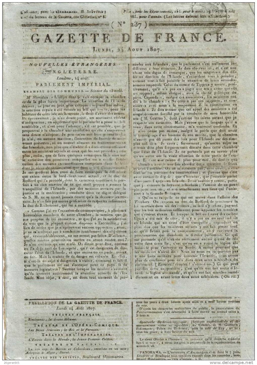 JOURNAL QUOTIDIEN "GAZETTE DE FRANCE" N°237 DU 24/08/1807 - 1er Quotidien De France L´ancêtre Du J.O - 1800 - 1849