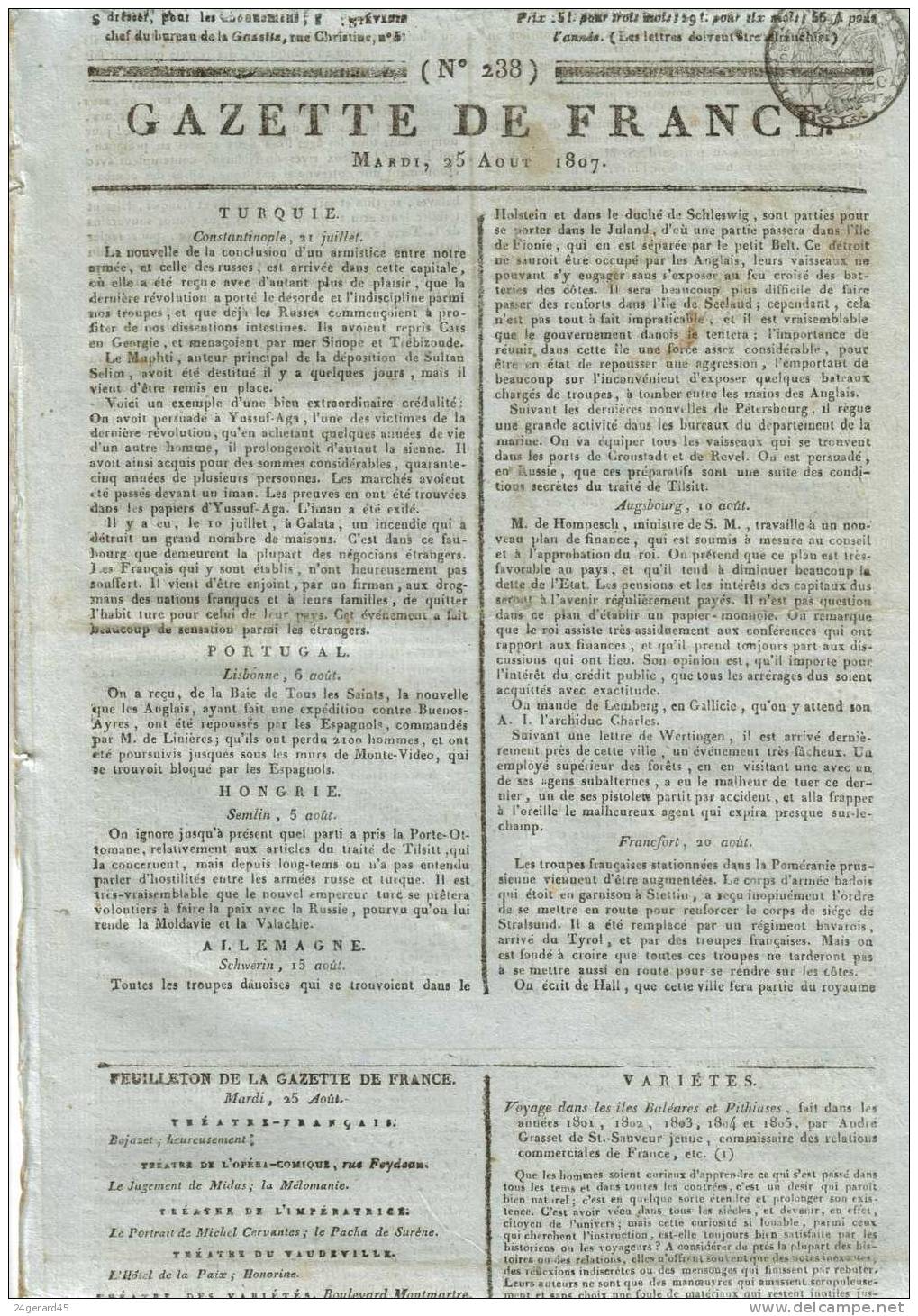 JOURNAL QUOTIDIEN "GAZETTE DE FRANCE" N°238 DU 25/08/1807 - 1er Quotidien De France L´ancêtre Du J.O - 1800 - 1849