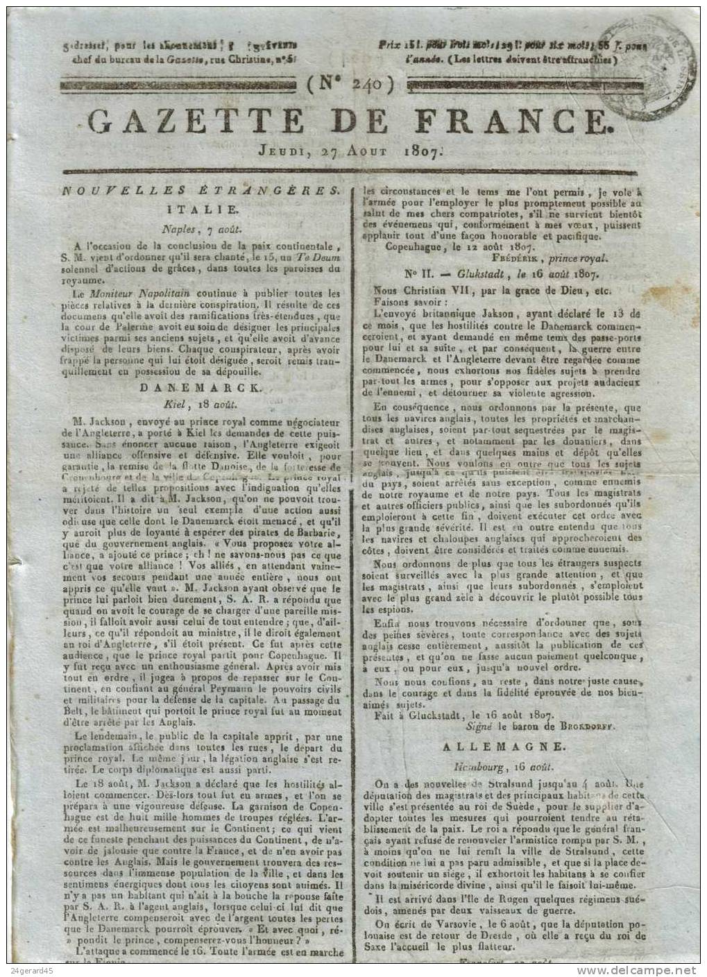 JOURNAL QUOTIDIEN "GAZETTE DE FRANCE" N°240 DU 27/08/1807 - 1er Quotidien De France L´ancêtre Du J.O - 1800 - 1849