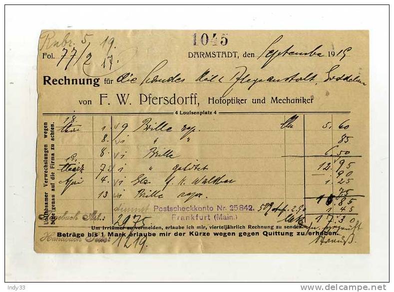 - ALLEMAGNE . DARMSTADT .FACTURE POUR DES LUNETTES 1919 - Autres & Non Classés