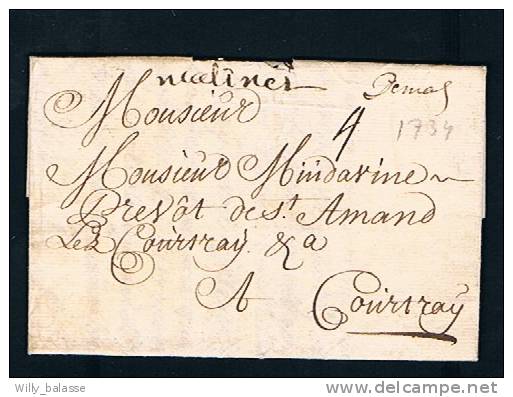 Belgique Precurseur 1734 Lettre Avec Manuscrit  "malines" + "denal" + 4 Pour Courtay - 1714-1794 (Pays-Bas Autrichiens)