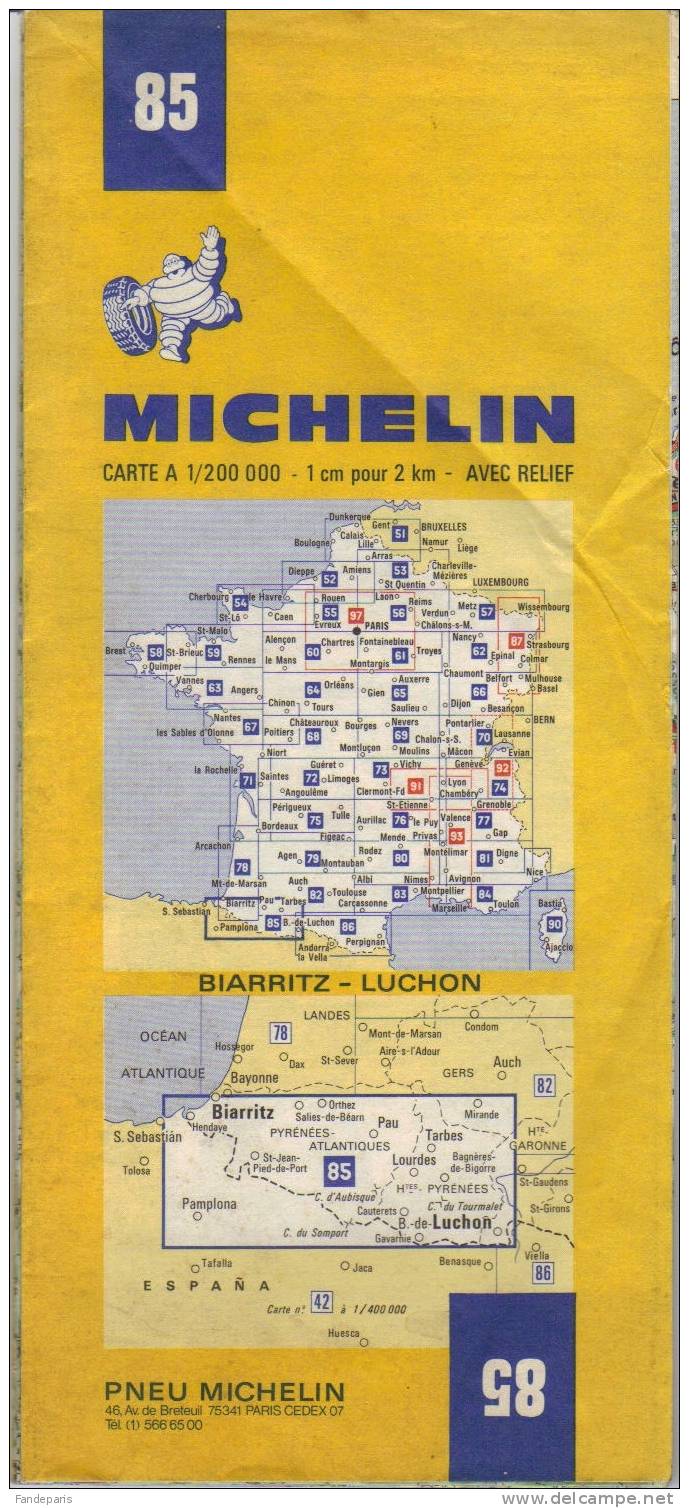 CARTES ROUTIERES  // FRANCE  //   BIARRITZ -  LUCHON  /  MICHELIN    / N° 85 - Carte Stradali