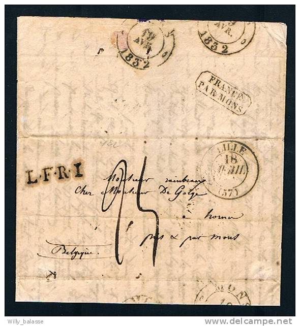 Belgique Precurseur 1832 Lettre Càd Lille  Pour Mons + Encadré "france/ Par Mons" En Noir R - 1830-1849 (Belgique Indépendante)