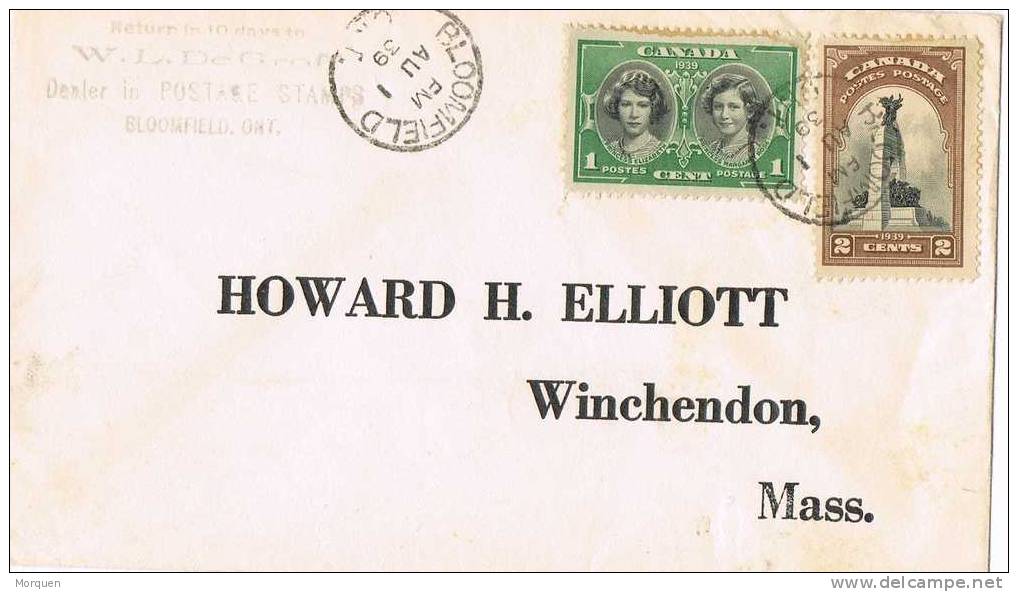 Carta BLOOMFIELD (Canada) 1939 - Lettres & Documents
