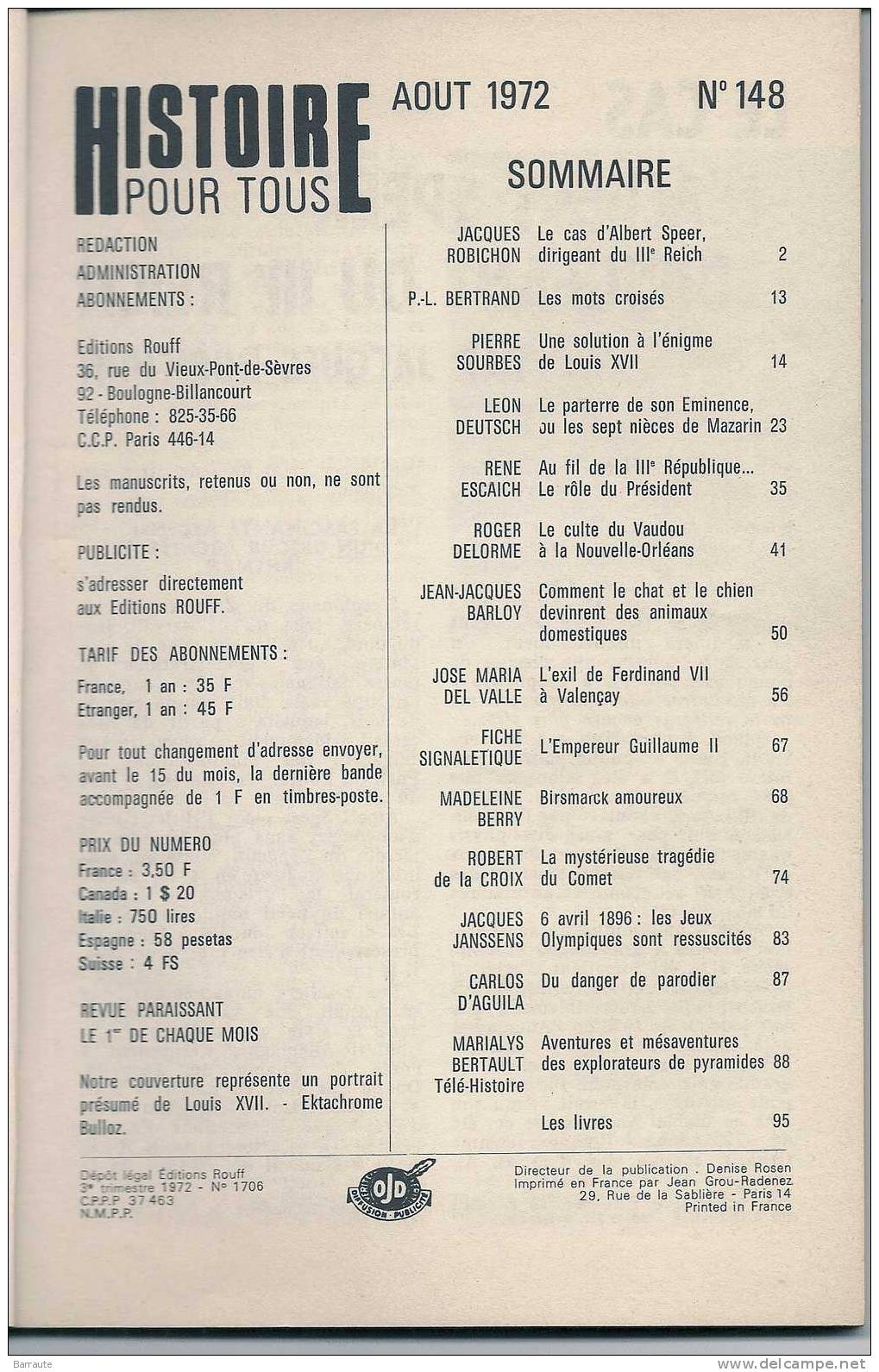 Histoire Pour Tous N° 148 Aout 1972 . Une Solution A L'Enigme LOUIS XVII, Par Pierre SOURBES. - Histoire