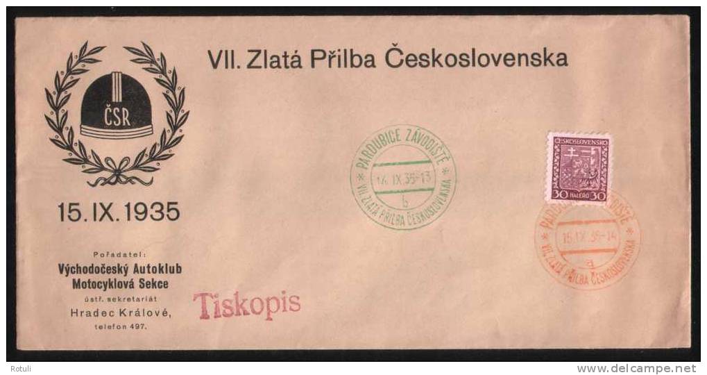 Czechoslovakia 1935 Cover Pardubice Cancel  'Czechoslovak Golden Helmet Motor Race' - 'VII. Zlatá Prilba Ceskoslo - Covers & Documents