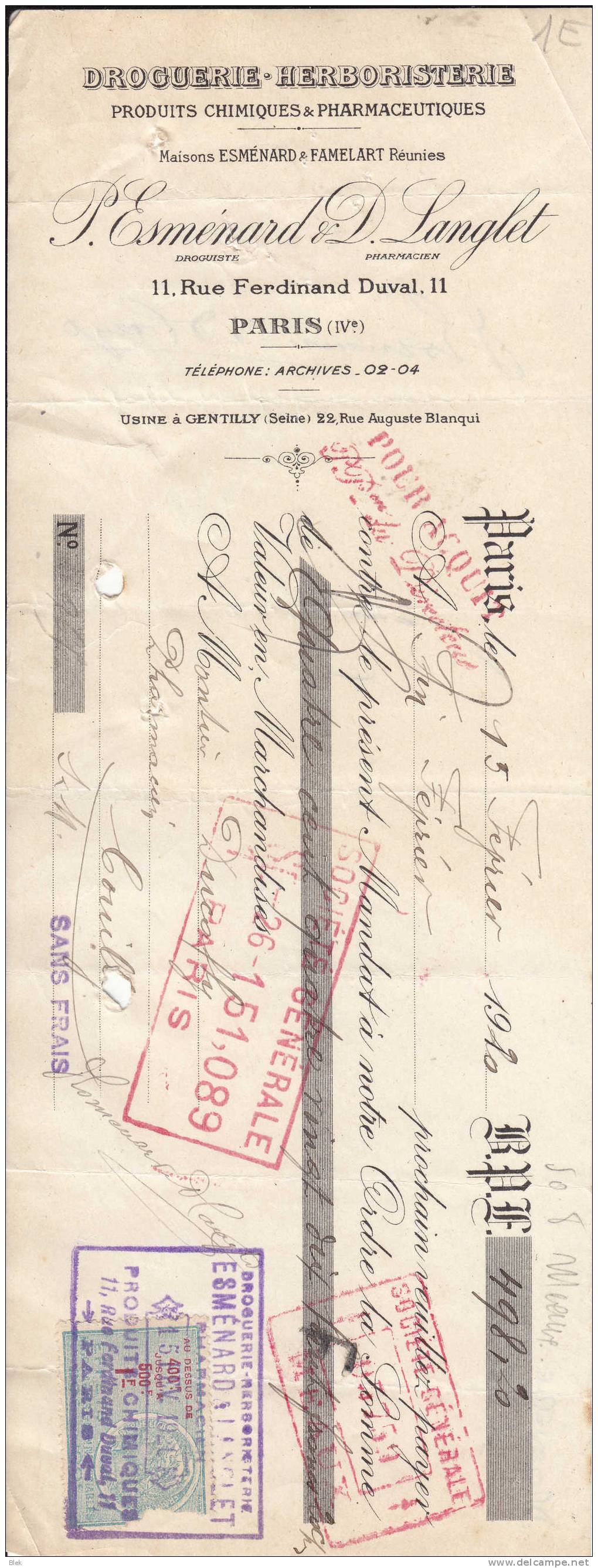 Mandat . Droguerie - Herboristerie . Maisons Esmenard  Et Famelart . 11 Rue Ferdinand Duval  75004 Paris .usine Gentilly - Chemist's (drugstore) & Perfumery