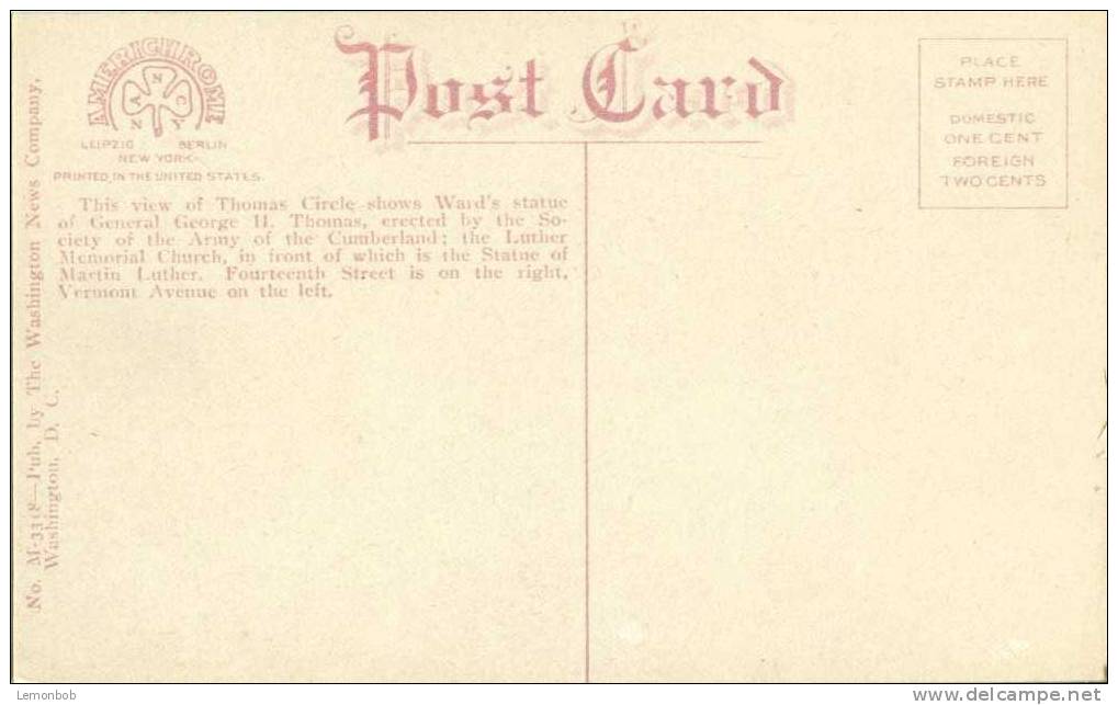 USA – United States – Thomas Circle, Washington D.C.  Unused Postcard [P3624] - Washington DC