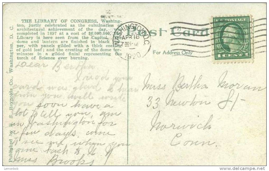 USA – United States – Library Of Congress, Washington D.C. 1920 Used Postcard [P3626] - Washington DC