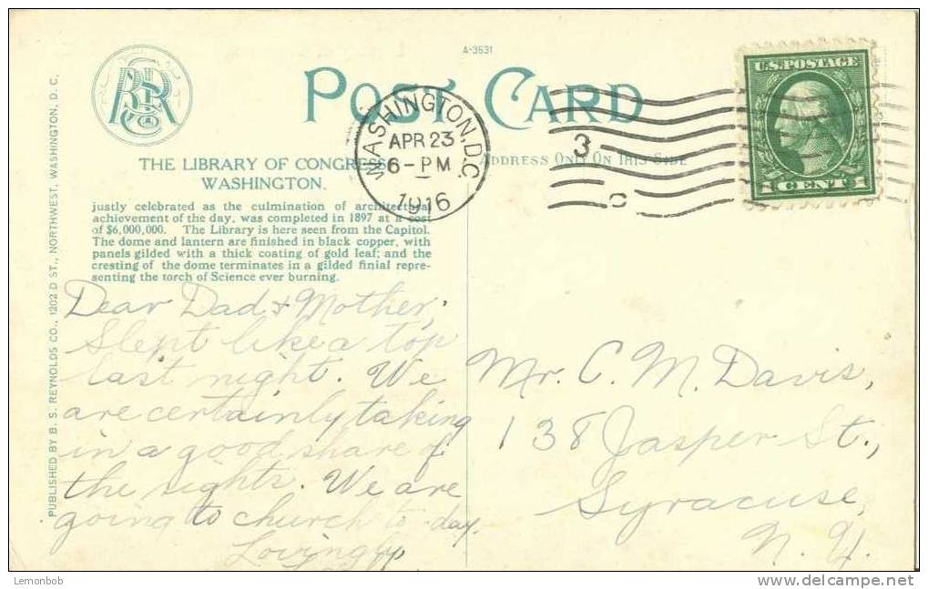 USA – United States – Library Of Congress, Washington D.C. 1916 Used Postcard [P3627] - Washington DC