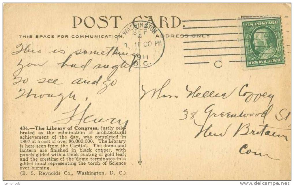 USA – United States –  Library Of Congress, Washington D.C. 1911 Used Postcard [P3629] - Washington DC