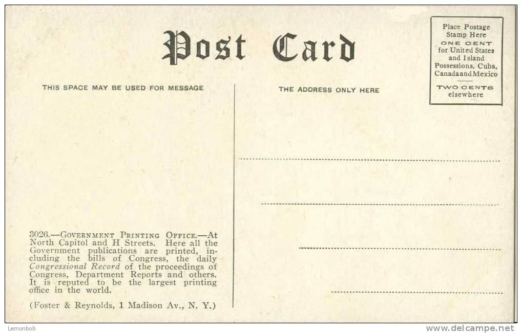 USA – United States – Government Printing Office, Washington Early 1900s Unused Postcard [P3630] - Washington DC