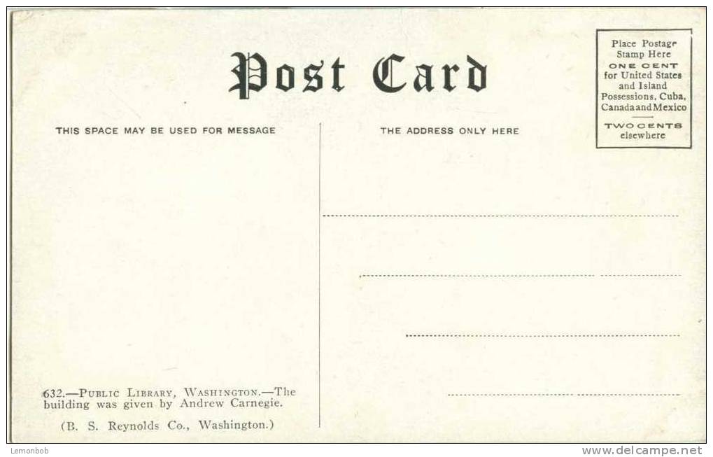 USA – United States – Carnegie Library, Washington Early 1900s Unused Postcard [P3640] - Washington DC