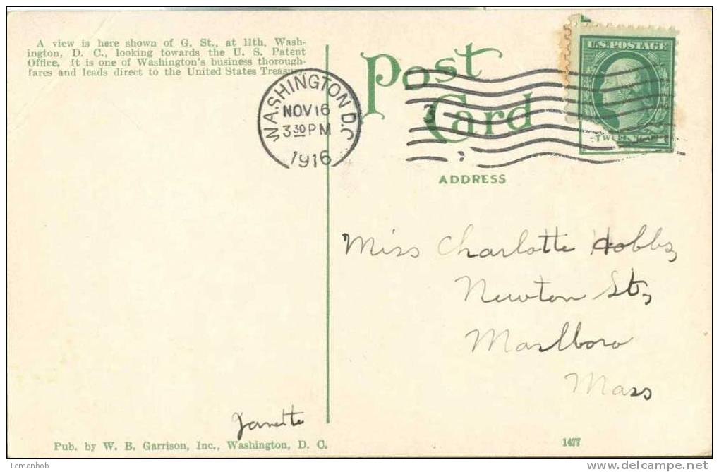 USA – United States – G Street N.W. At Eleventh, Washington D.C  1916 Used Postcard [P3650] - Washington DC