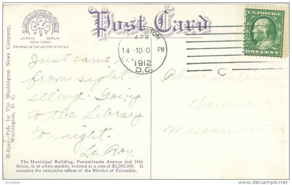 USA – United States –  Municipal Building, Washington D.C. 1912 Used Postcard [P3652] - Washington DC