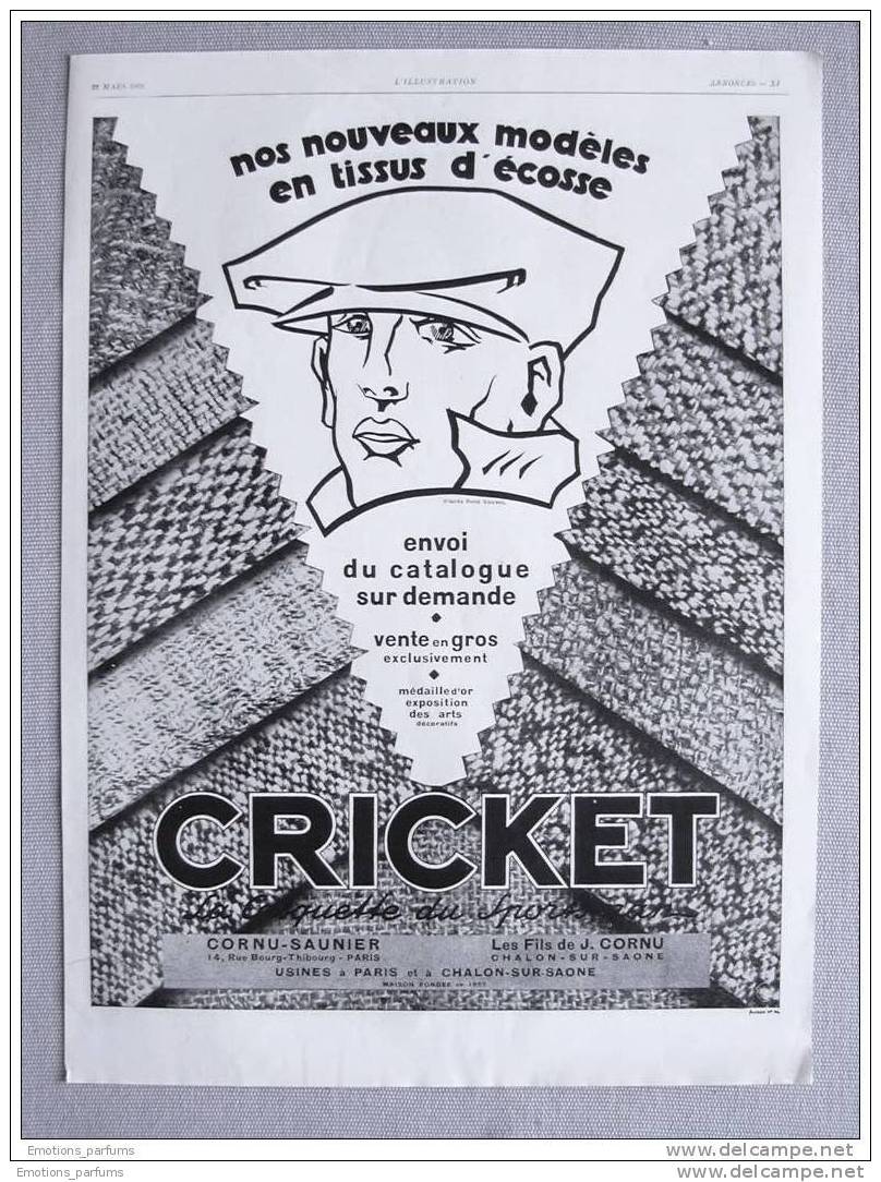 Publicité Papier: 1929 Chapeau Casquette Cricket Sport Cornu Saunier Chalon Sur Saone - Publicités