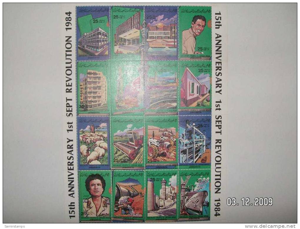 Libya, 15th Ann Sept. Revolution ,sheetlet Of 16 Stamps- Many Topical Subject -1984-SKRILL PAYMENT ONLY - Libia