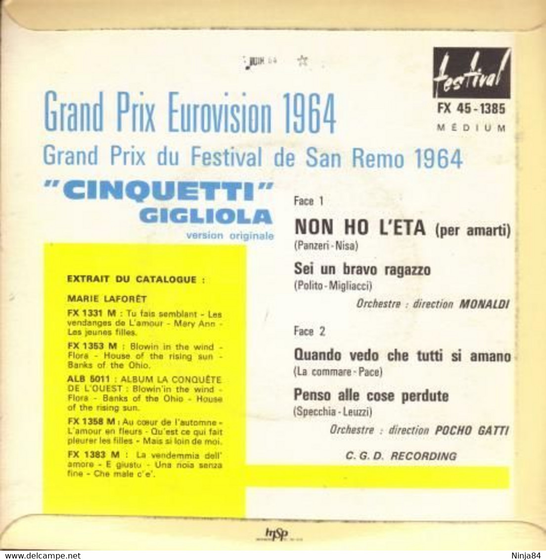 EP 45 RPM (7")  Gigliola Cinquetti  "  Non Ho Leta  " - Otros - Canción Italiana