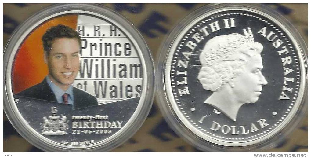 AUSTRALIA $1 PRINCE WILLIAM BIRTHDAY 2003 COLOURED QEII BACK SILVER 1Oz PROOF READ DESCRIPTION CAREFULLY!! - Mint Sets & Proof Sets