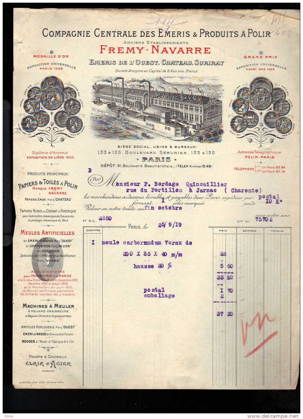 - Facture 1919 -JCompagnie Centrale Des Emeris Et Produits à Polir  Bld Serrurier PARIS  Bicolore TB - Droguerie & Parfumerie