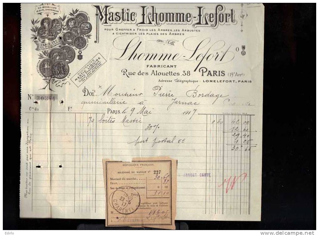 - Facture 1917 - Mastic LHOMME LEFORT Rue Des Alouettes PARIS Et Paiement - Landbouw