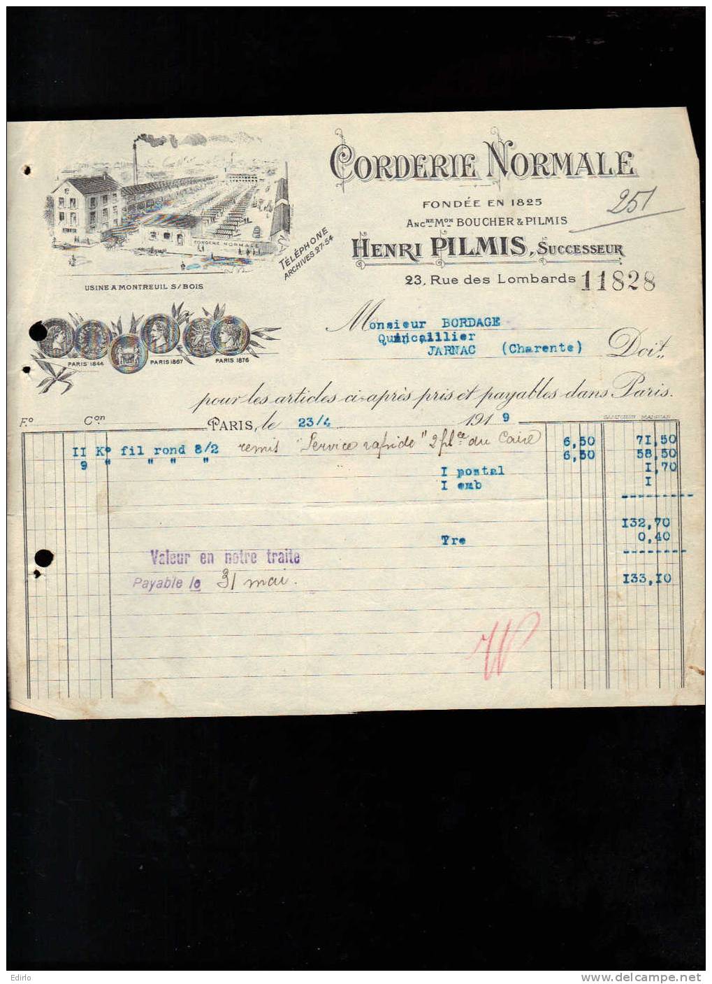 - Facture 1919- Corderie Normale Henri PILMIS  Montreuil Sous Bois - Droguerie & Parfumerie