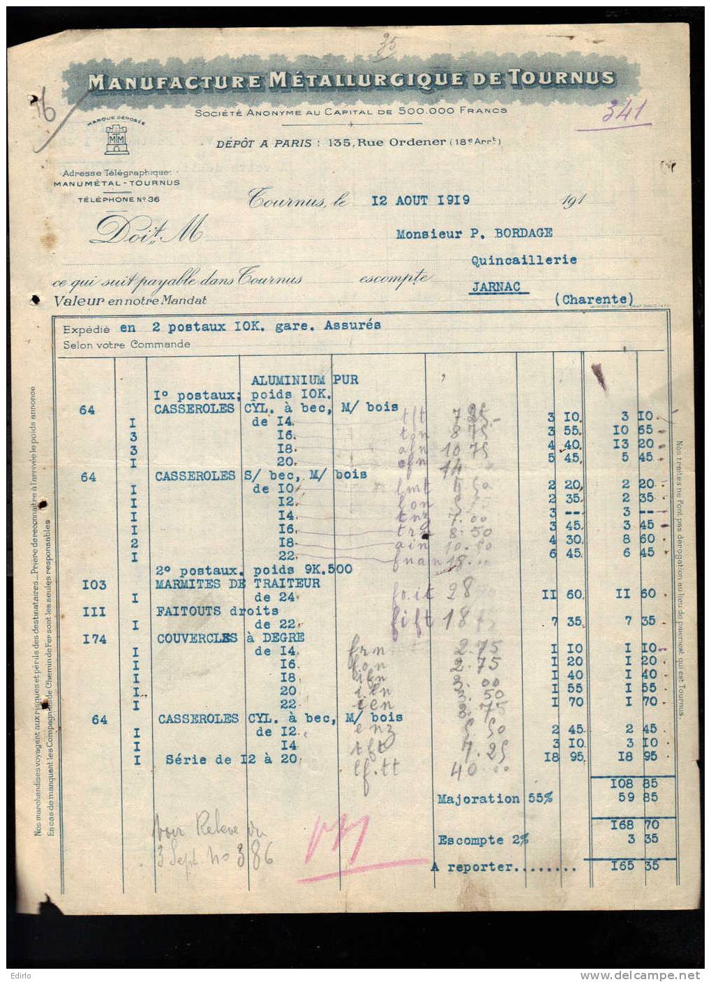 -Facture 1919- Quincaillerie  Manufacture Métallurgique De Tournus - - Droguerie & Parfumerie