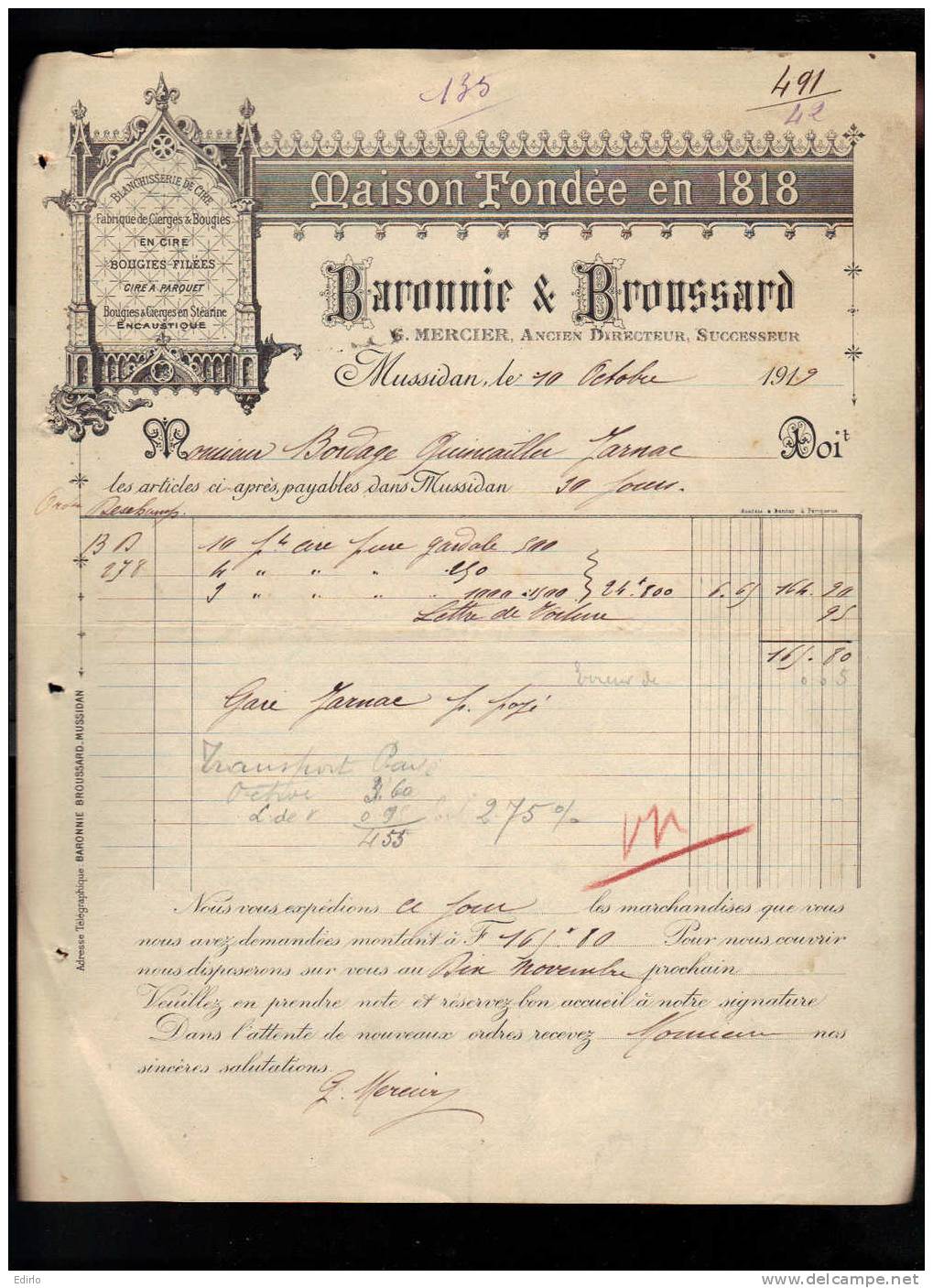 Facture 1919 -  Blanchisserie De Cire - Barronnie Et Broussard  Mussidan - Droguerie & Parfumerie