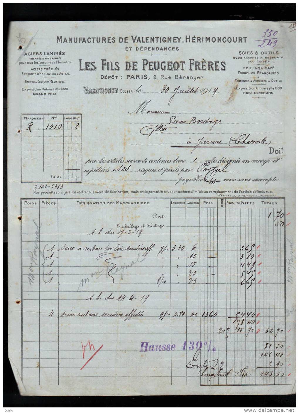 Facture 1919 Facture Double Format Les Fils De PEUGEOT Frères  Moulins à Café Fourches ..  HAUSSE 1 - Droguerie & Parfumerie