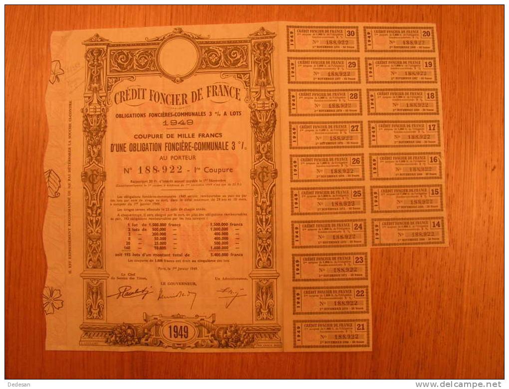 Credit Foncier De France 1949 Obligations Foncieres Communales 3% à Lots Coupure De Mille Francs - A - C