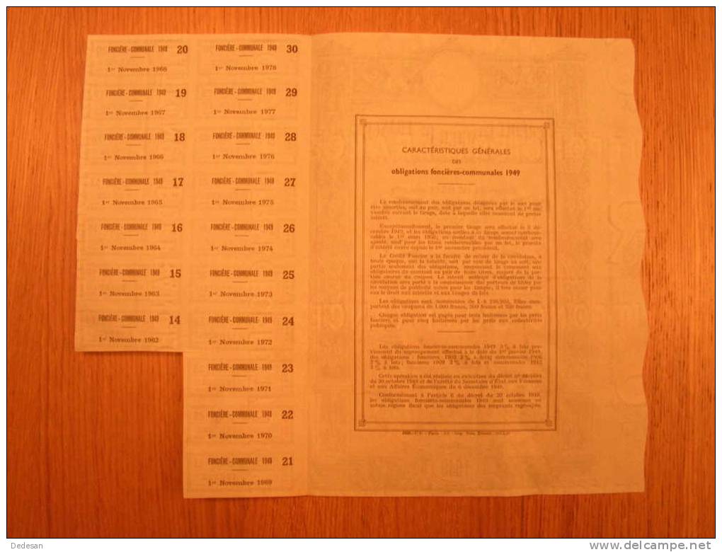 Credit Foncier De France 1949 Obligations Foncieres Communales 3% à Lots Coupure De Mille Francs - A - C