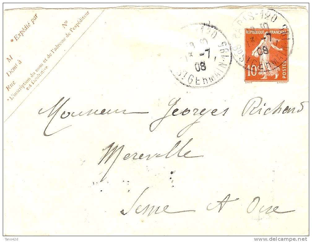 REF LPU9 - EP EN TYPE SEMEUSE CAMEE 10c PARIS / MEREVILLE 13/7/1908 STORCH SEC E17 - Enveloppes Types Et TSC (avant 1995)