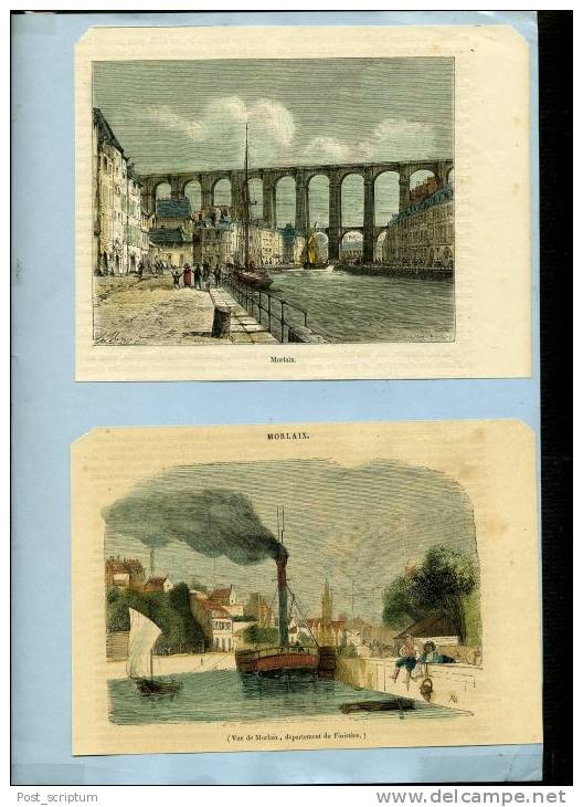 gravure  et illustrations : Morlaix  (Finistère) : viaduc, rivière, rue, vue générale