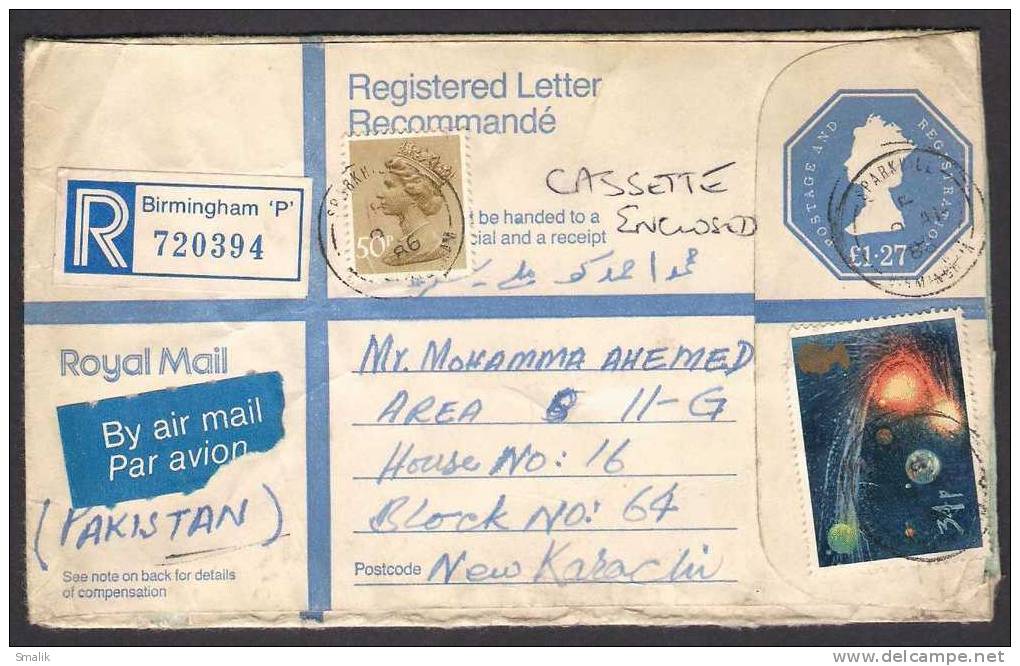 Great Britain GB UK, Postal Stationery Small Cover 1.27£ QE Registered From BIRMINGHAM 9-4-1986 - Stamped Stationery, Airletters & Aerogrammes