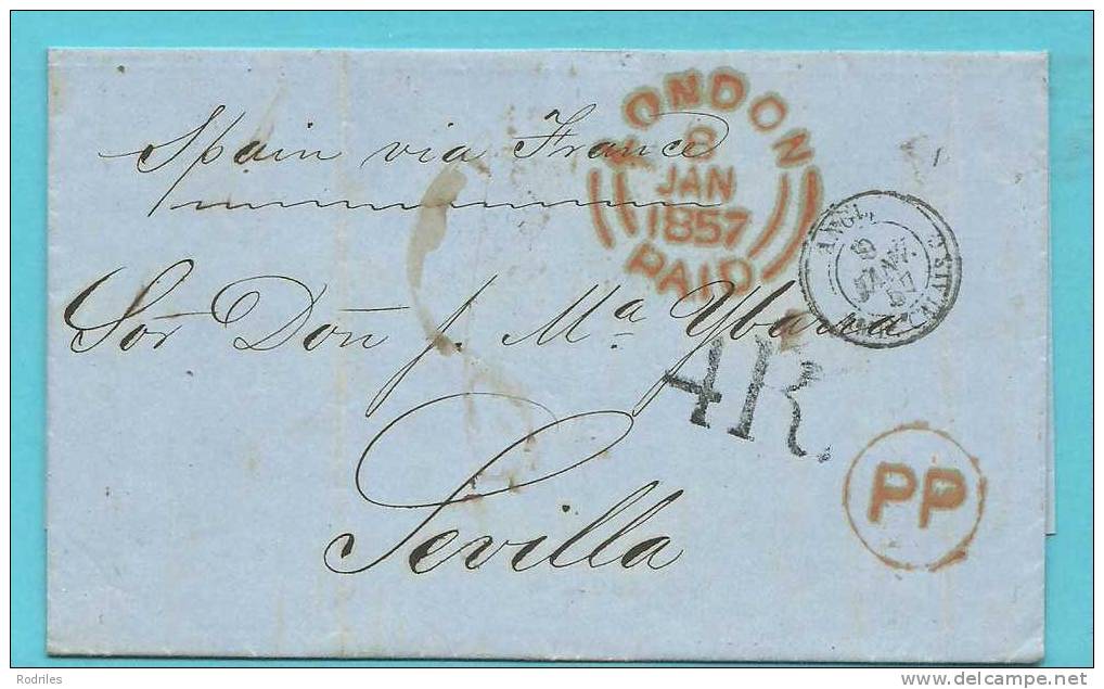 1857. CARTA PREFILATÉLICA  DE LONDRES A  SEVILLA - ...-1840 Prephilately