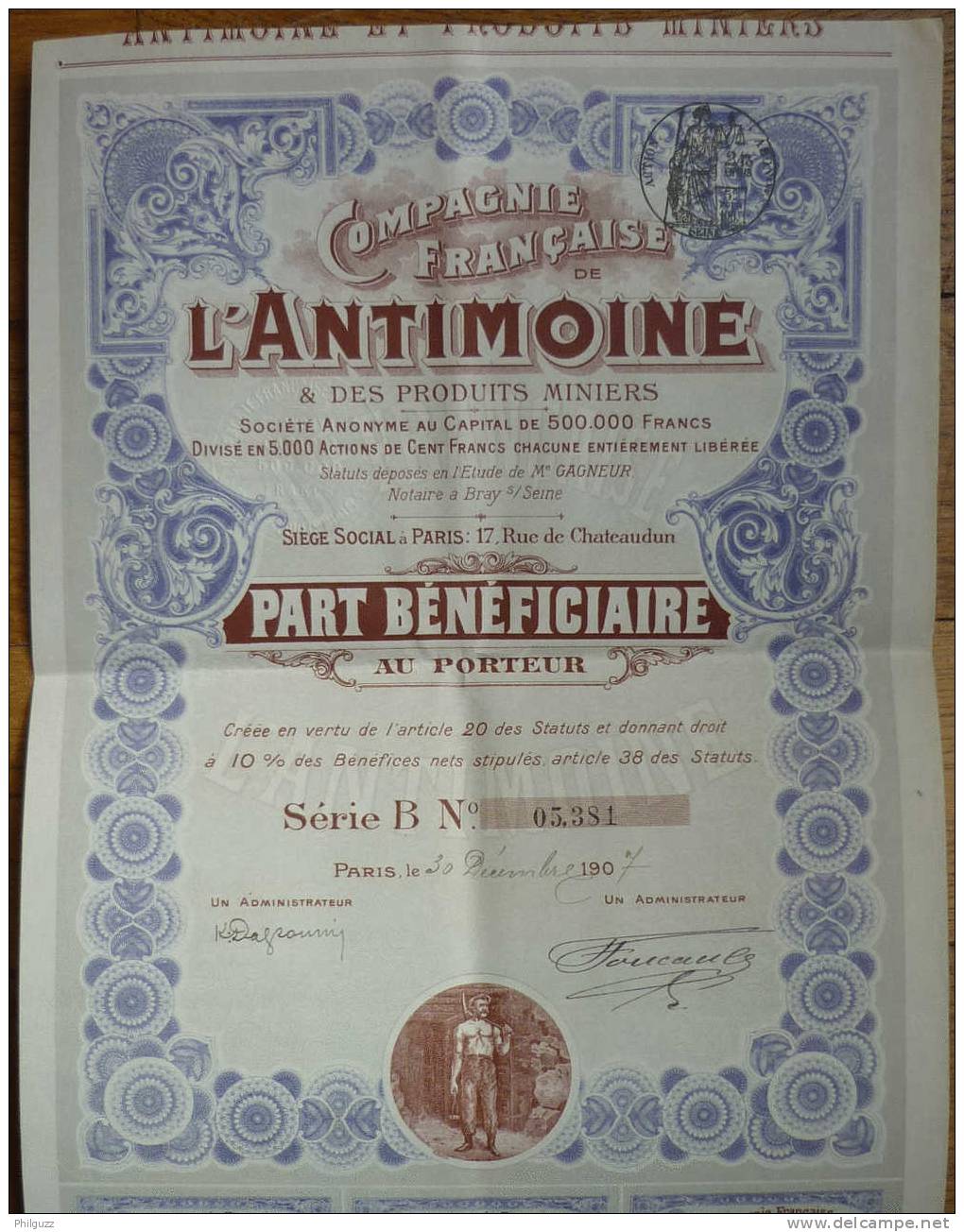 ACTION COMPAGNIE FRANCAISE DE L'ANTIMOINE -  1907 TITRE 5381 - Mines
