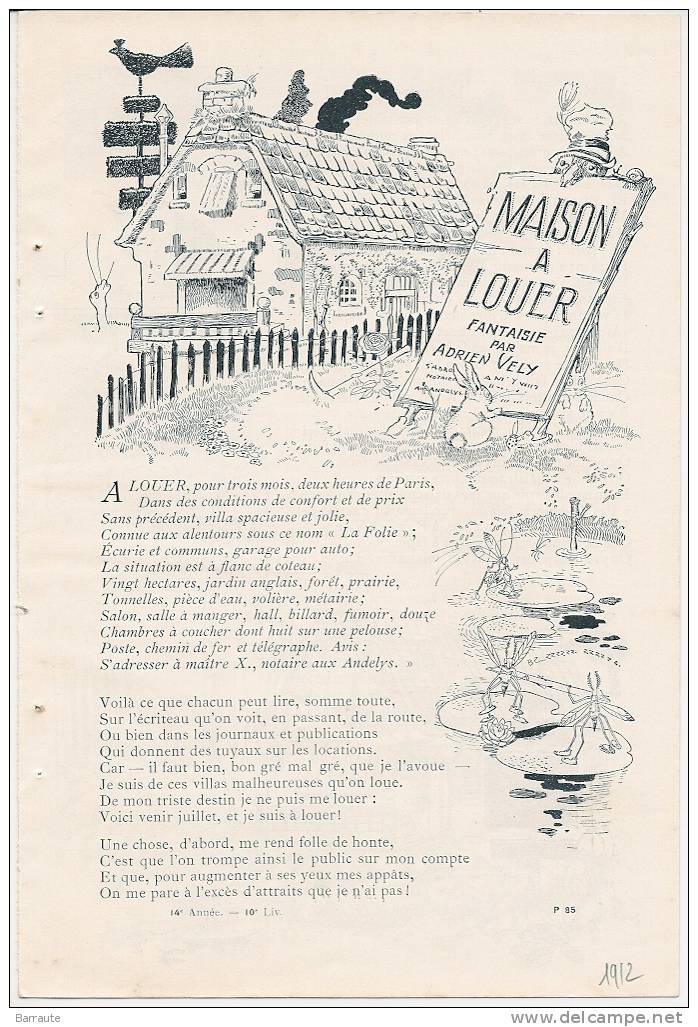 Feuillet  Poesie De 1912 " MAISON à LOUER" Par Adrien VELY . Rare Et Inédite. - Franse Schrijvers