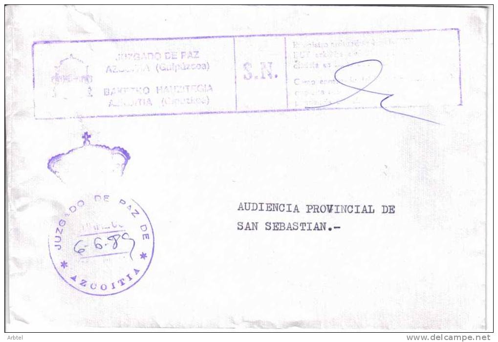 CC CON FRANQUICIA JUZGADO DE PAZ DE AZCOITIA GUIPÚZCOA PAIS VASCO JUSTICIA - Postage Free