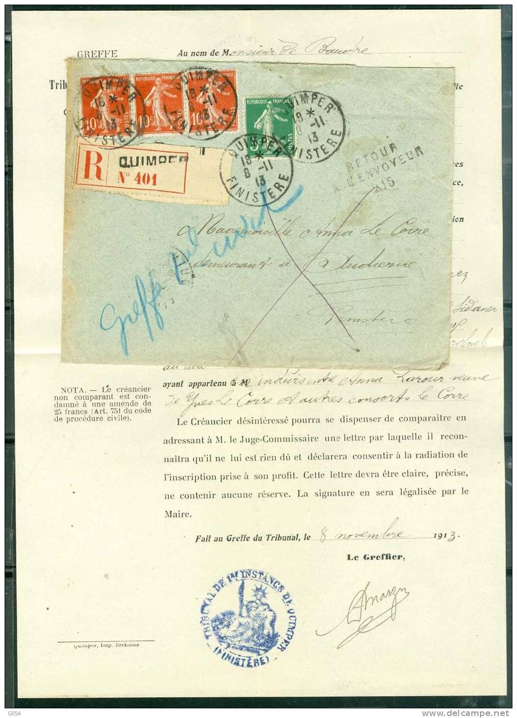 Y&amp;v N°138 X 3 + 137 / Lettre Recommandée De Quimper , Retour à L'envoyeur 216 (Audierne) En 1913 - - Cartas & Documentos