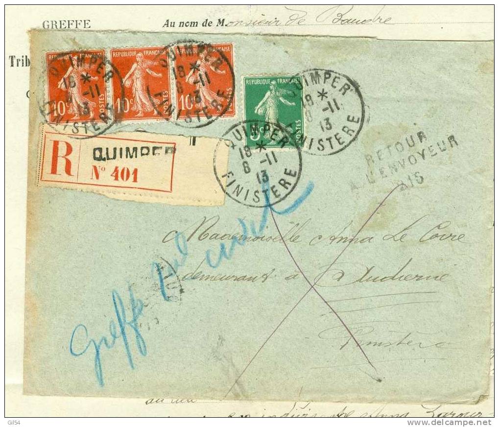 Y&amp;v N°138 X 3 + 137 / Lettre Recommandée De Quimper , Retour à L'envoyeur 216 (Audierne) En 1913 - - Briefe U. Dokumente