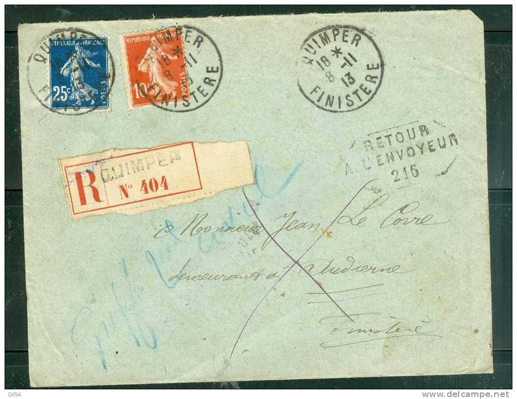 Y&amp;T N°140 + 138 SUR LETTRE Recommandée De Quimper , = Retour à L'envoyeur 216 ( Audierne ) En 1913 - Briefe U. Dokumente