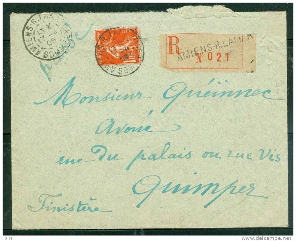 Y&amp;T N°195 Seul Sur Lettre Recommandée  D'Amiens R. Lamartine ( Dpt 80 ) Pour Quimper En 1926 - LL13010 - Brieven En Documenten