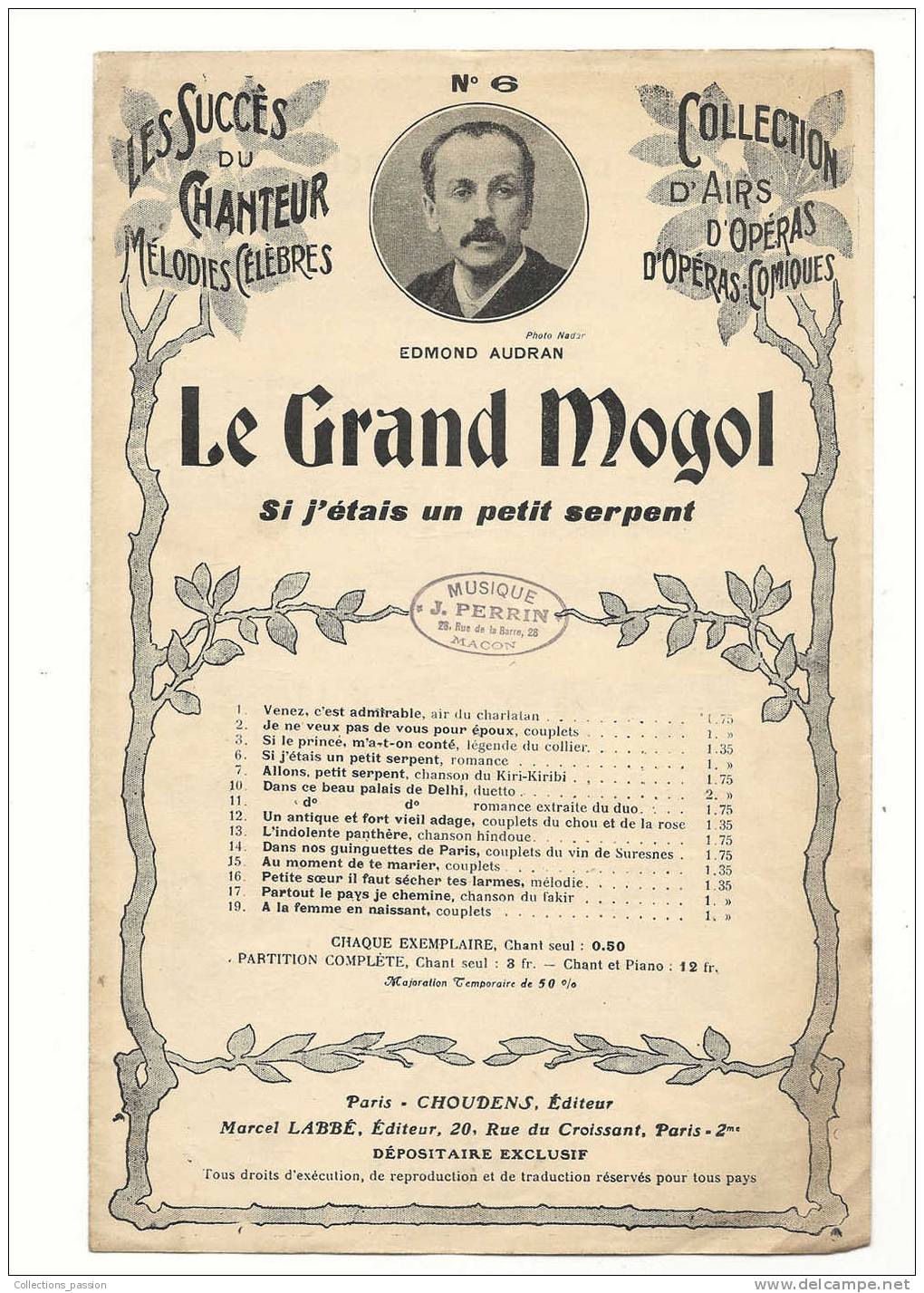 Partitions Musicales Anciennes, "Le Grand Mogol" - N° 6  -  Musique J. Perrin - Spartiti