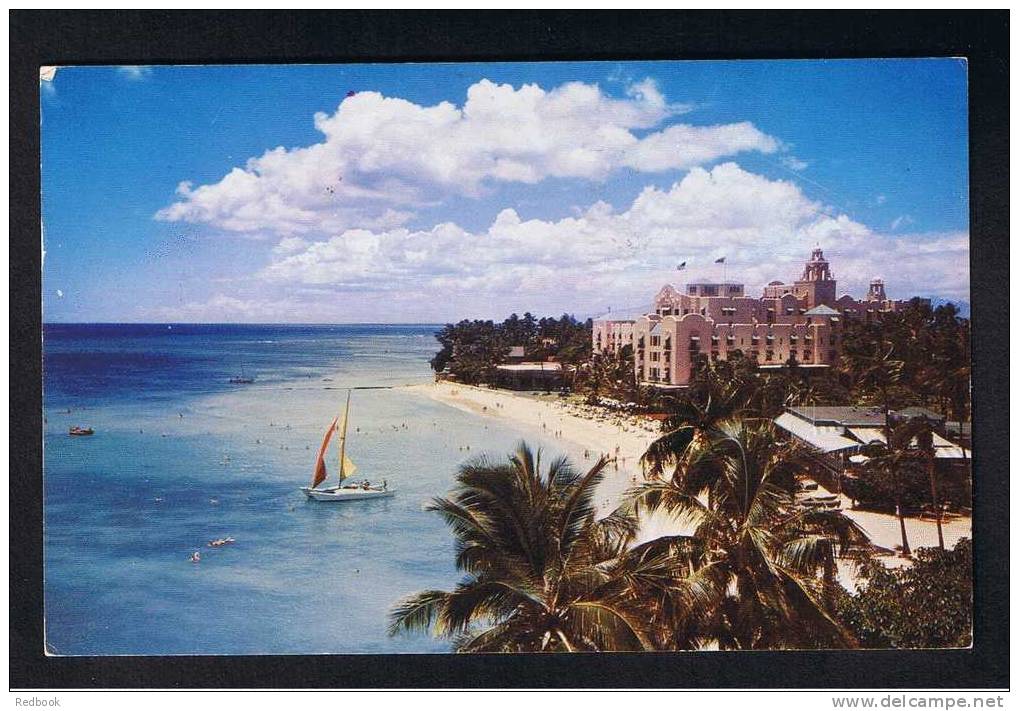 RB 728 - 1958 Postcard Waikiki Beach &amp; Royal Hawaiian Hotel Hawaii USA - "Fight Infantile Paralysis" Health Slogan - Honolulu