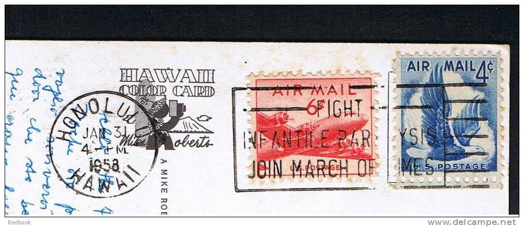 RB 728 - 1958 Postcard Waikiki Beach &amp; Royal Hawaiian Hotel Hawaii USA - "Fight Infantile Paralysis" Health Slogan - Honolulu